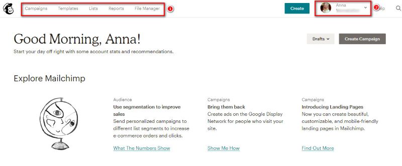 как выглядит аккаунт мейлчимп, создать рассылку
