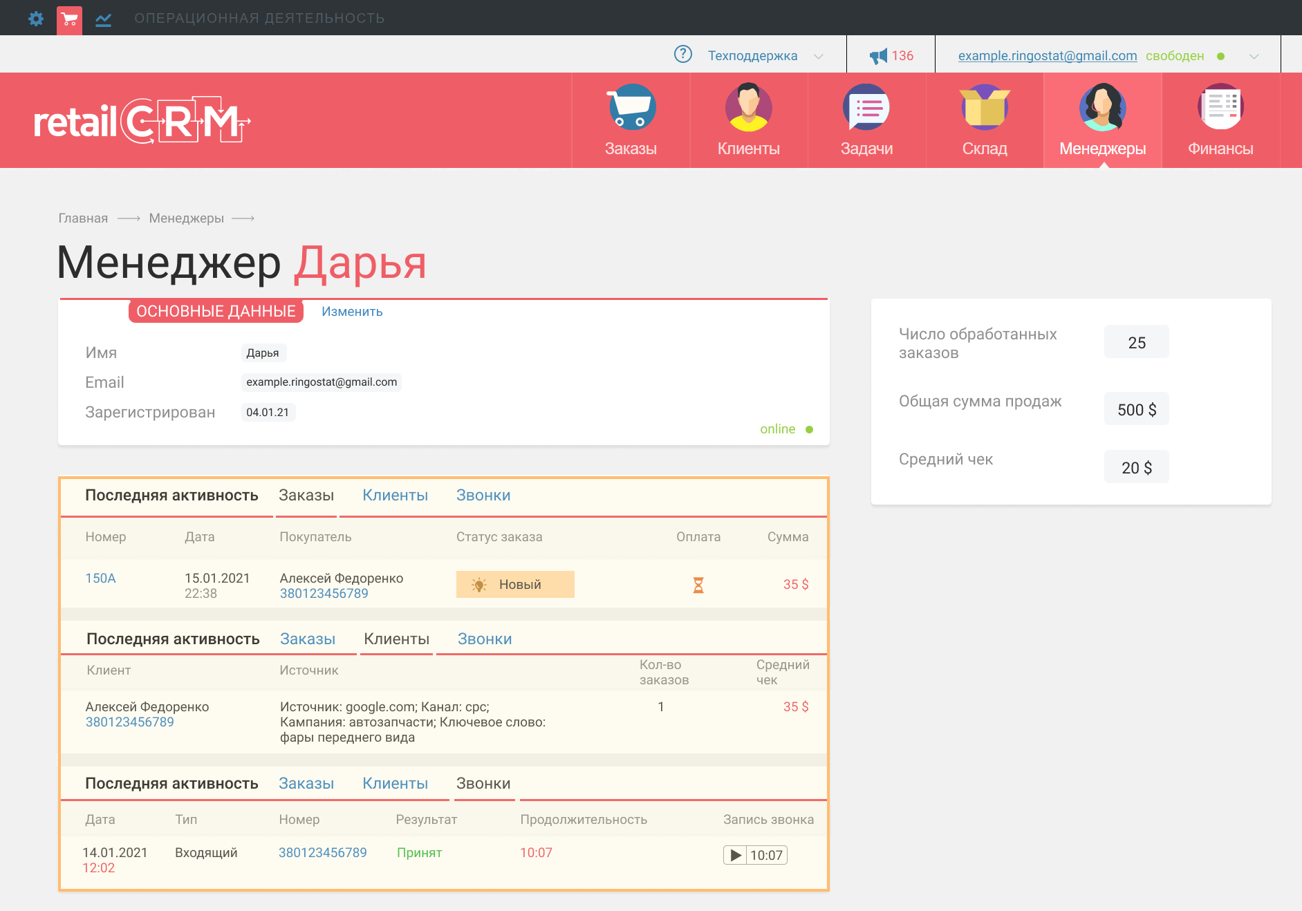 Лиды, созданные в CRM по факту звонка