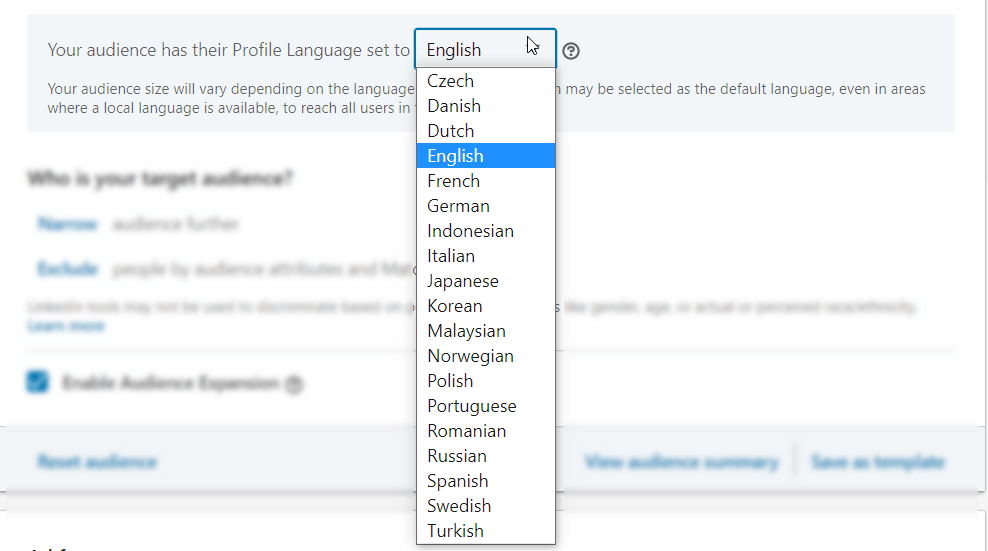 Set the profle language of your audience — linkedin ads