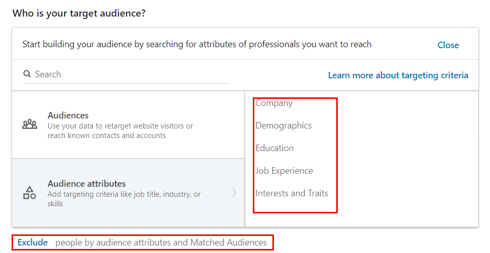 Target audience settings — LinkedIn