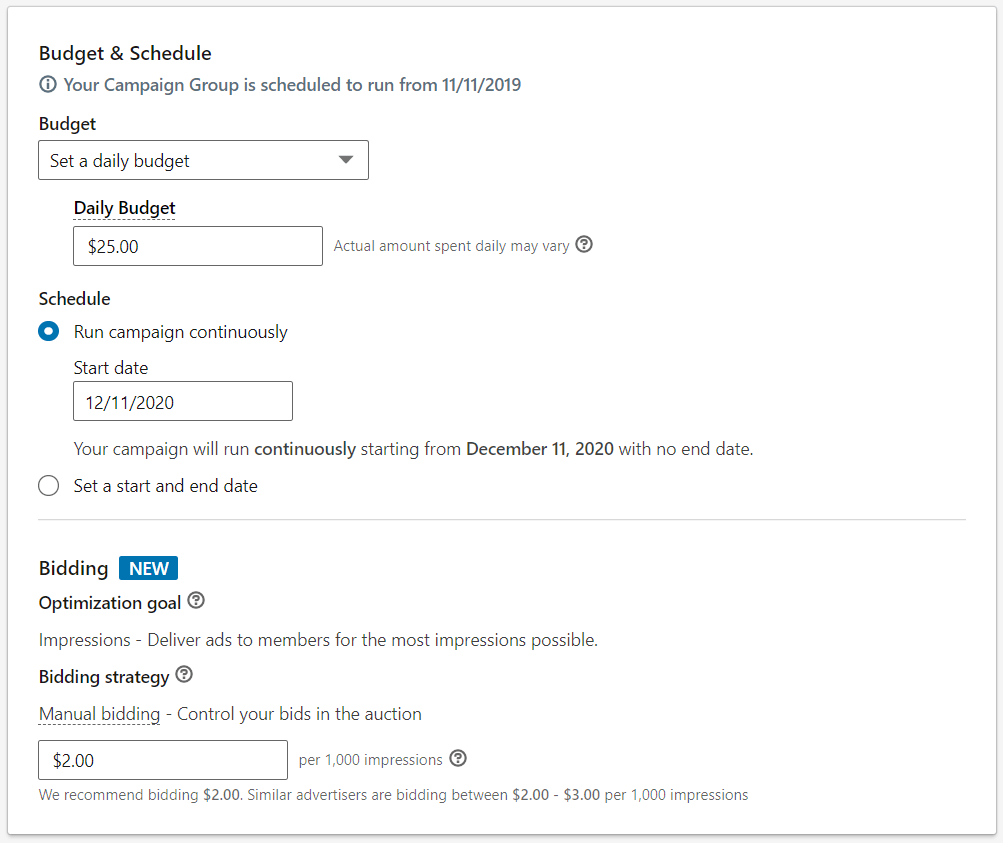 Budget & schedule settings — LinkedIn