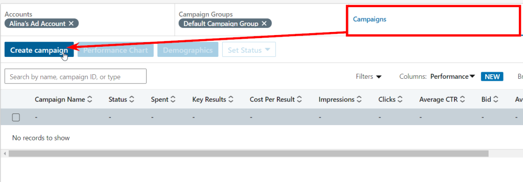 LinkedIn ads: Create campaign button