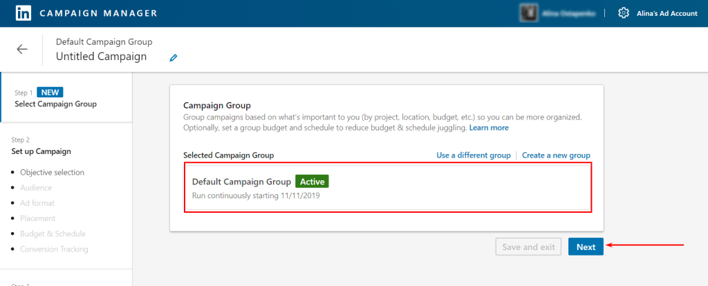 LinkedIn Ads — how to select campaign