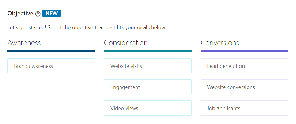 LinkedIn Ads — objectives avaliable