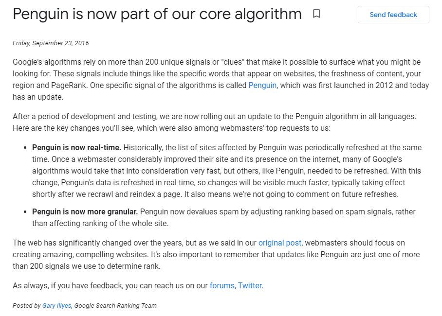 Google’s statement about changes in algorithm — “Penguin” update in 2016