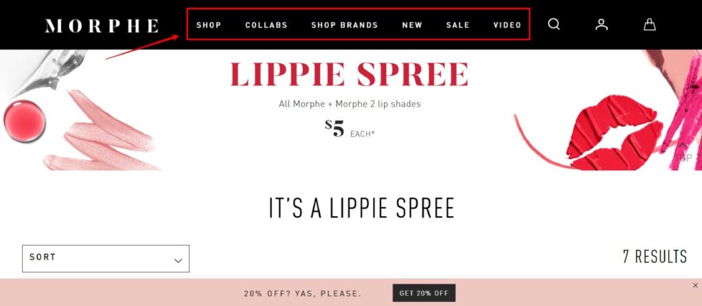 Why Your Leads Are Not Converting, An example of a clear website navigation on Morphe