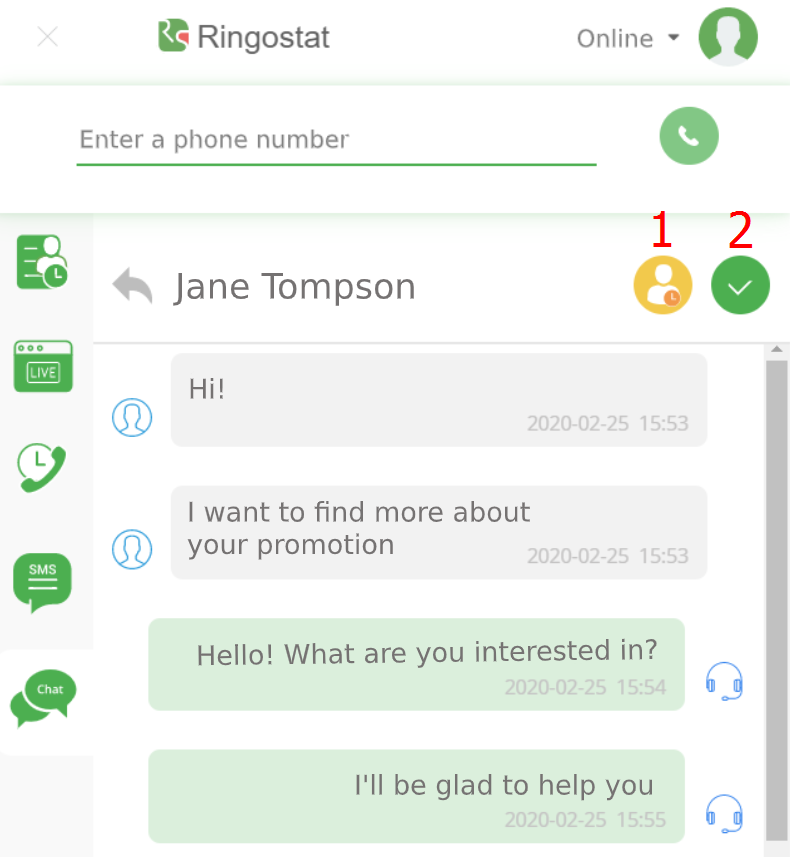 Ringostat Messenger, dialogue with user 