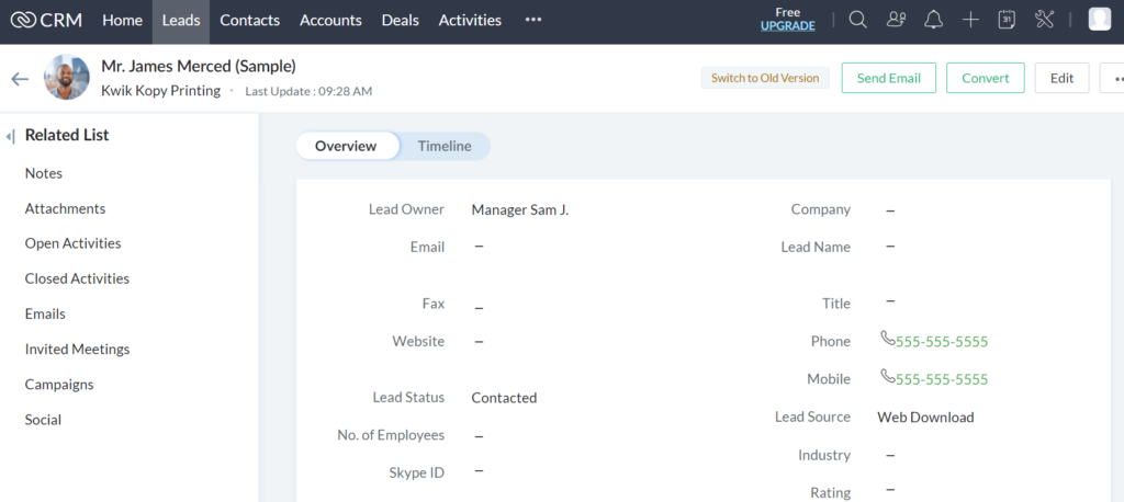 an example of lead, Integration of Ringostat and Zoho CRM