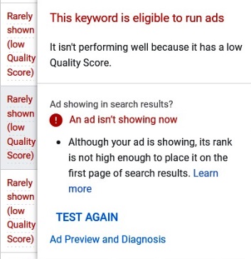 Google Ads, The quality score is too low