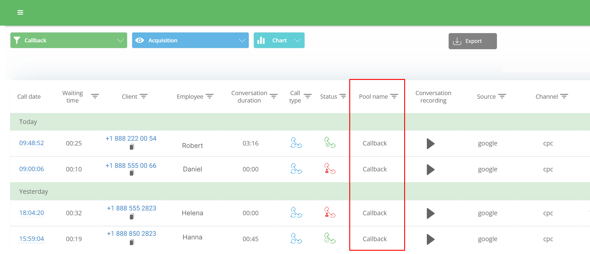 Callback, Call Analytics Reports