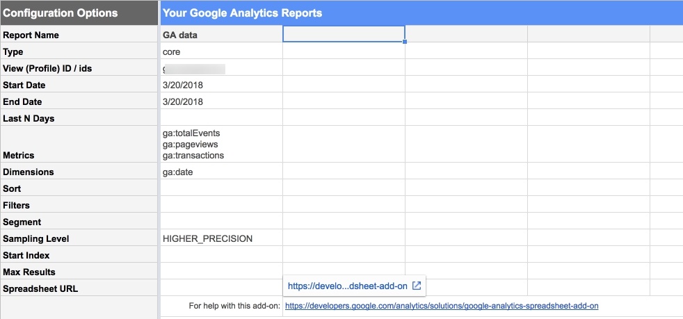 Google Analytics Spreadsheet add-on, sampling 