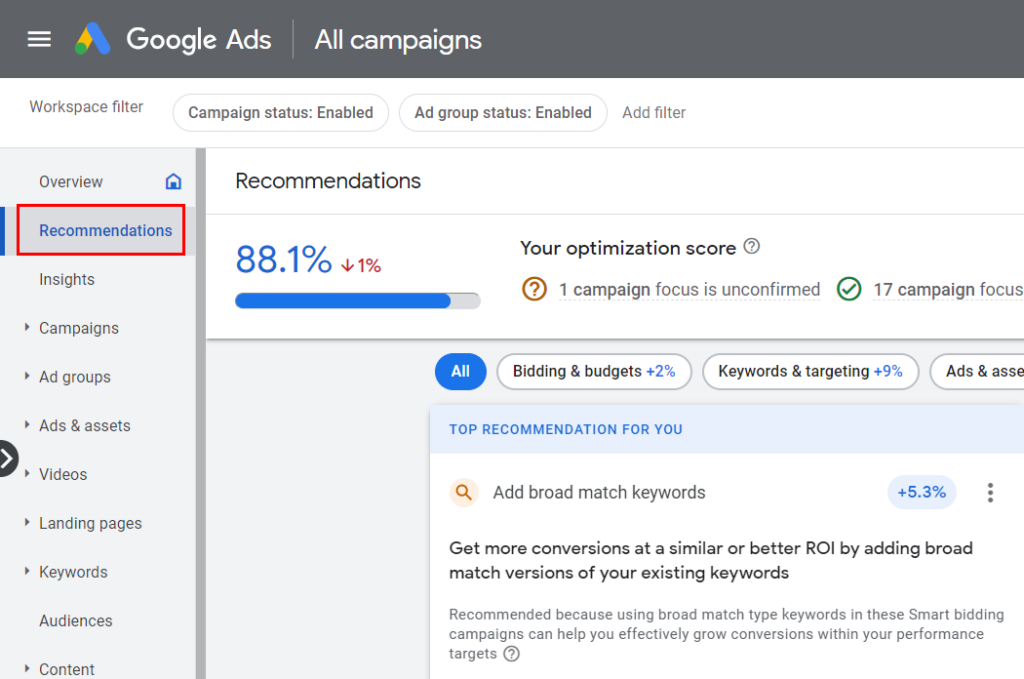 Google Ads recommendation, where to find them