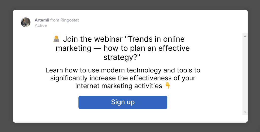 how to plan a successful webinar, an example of a pop-up with a webinar invitation