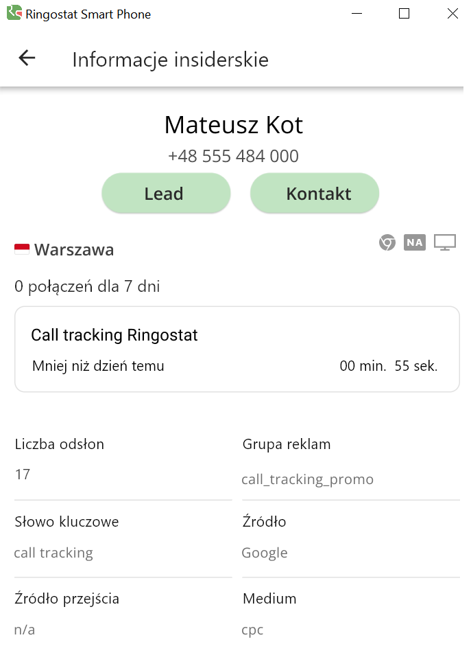 Ringostat Smart Phone, wyświetlanie szczegółowych informacji o kliencie.