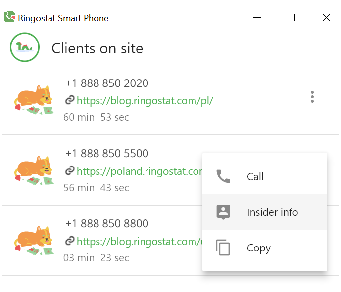 call center, customers on the website in Ringostat Smart Phone