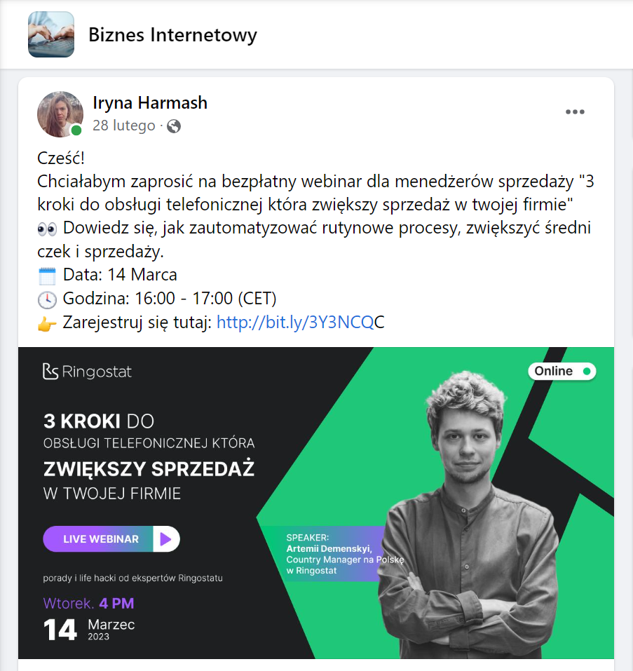 organizacja udanego webinaru, anons w tematycznych grupach na Facebooku.