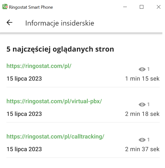 Ringostat Smart Phone, 5 najczęściej odwiedzanych stron
