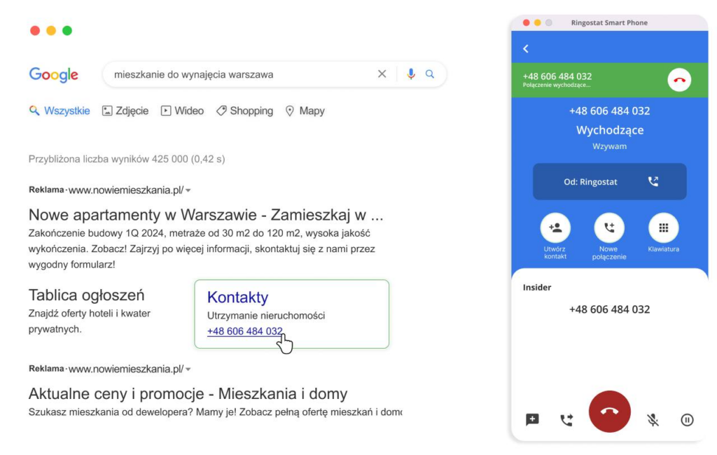 Ringostat Smart Phone, połączenie z witryny