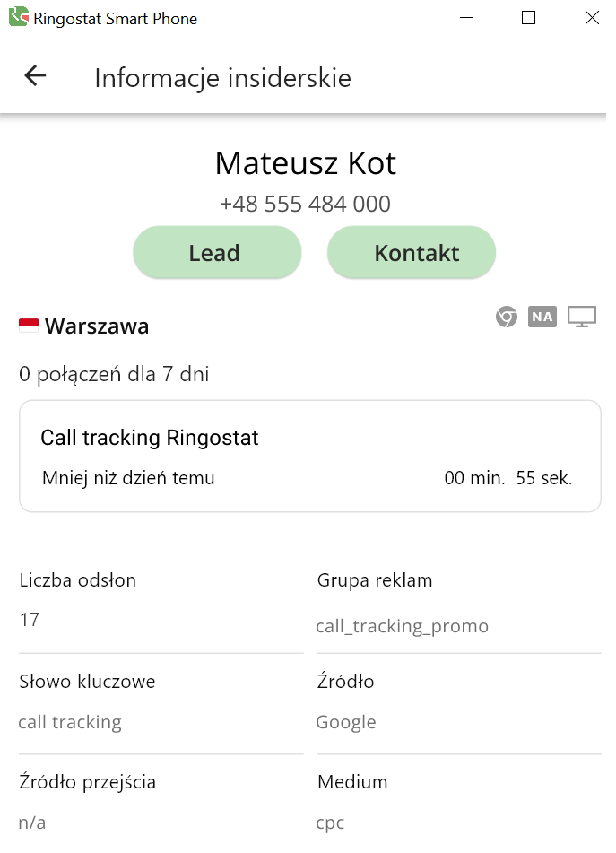 Ringostat Smart Phone, informacje o kliencie
