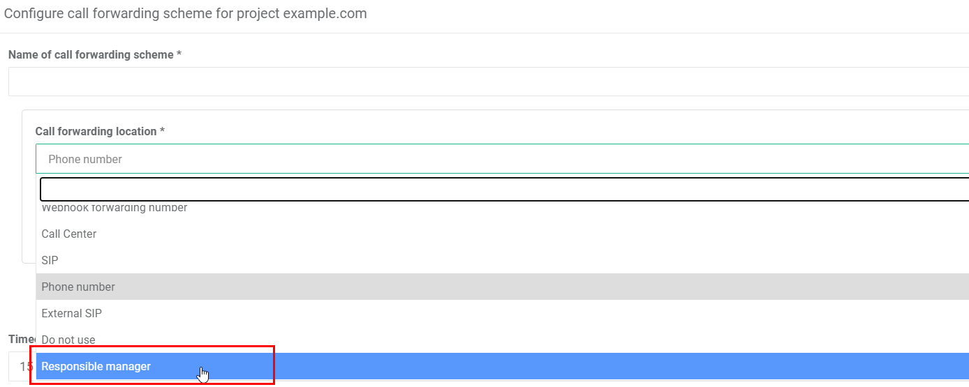 "Responsible manager" section in the settings of the call forwarding scheme in Ringostat, Integration of Ringostat and Zoho CRM