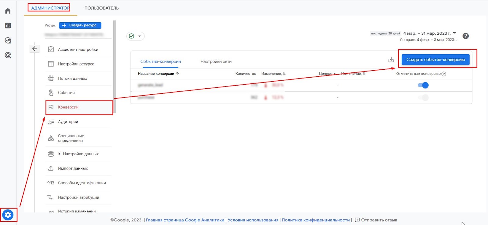 Google Analytics 4, настройка события конверсии