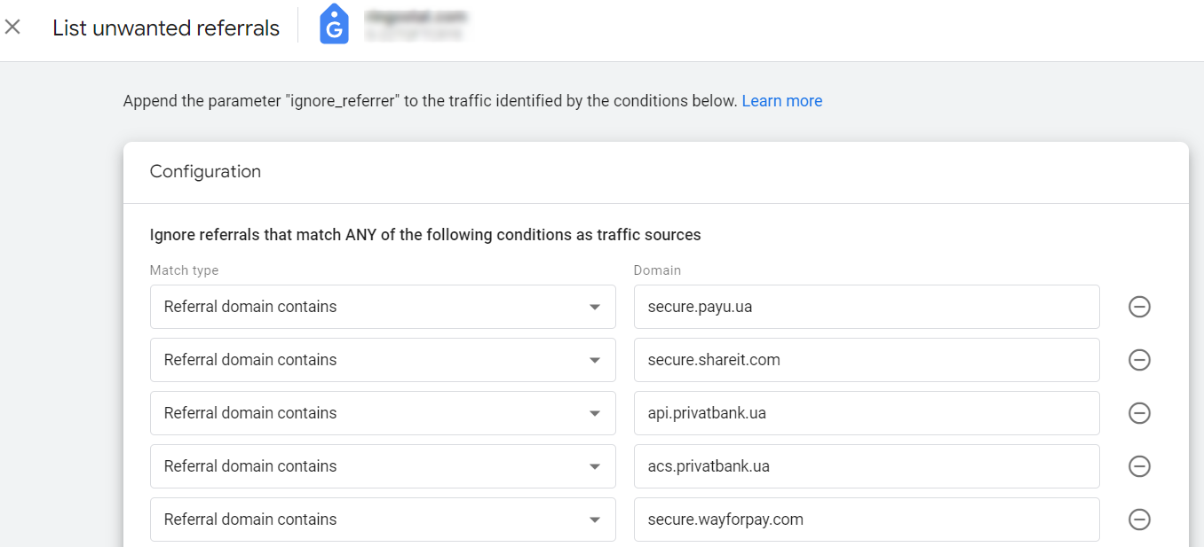 Google Analytics 4, список нежелательных перенаправлений