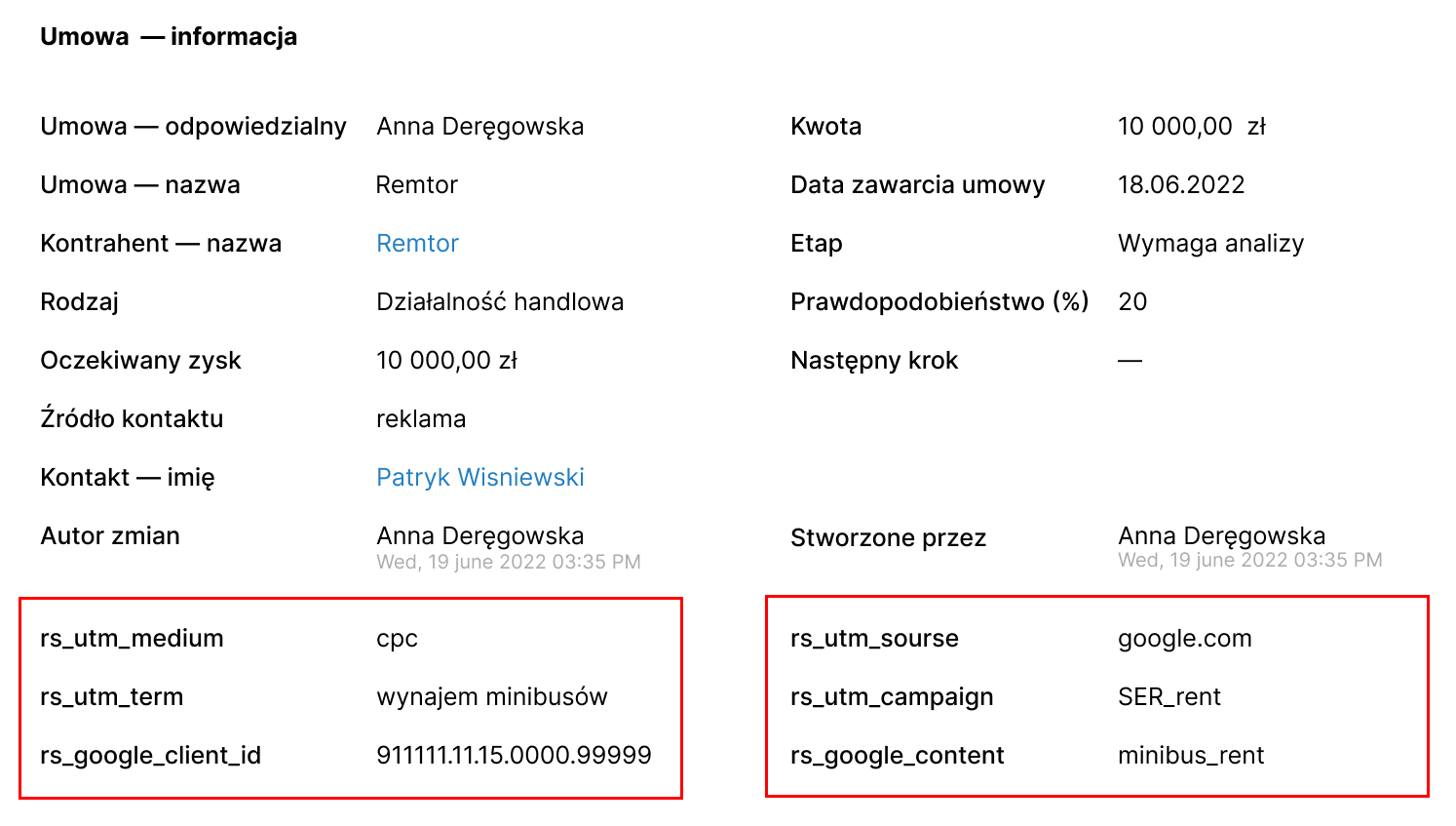 Ringostat, Integracje, dane połączenia przesłane z Ringostat do CRM