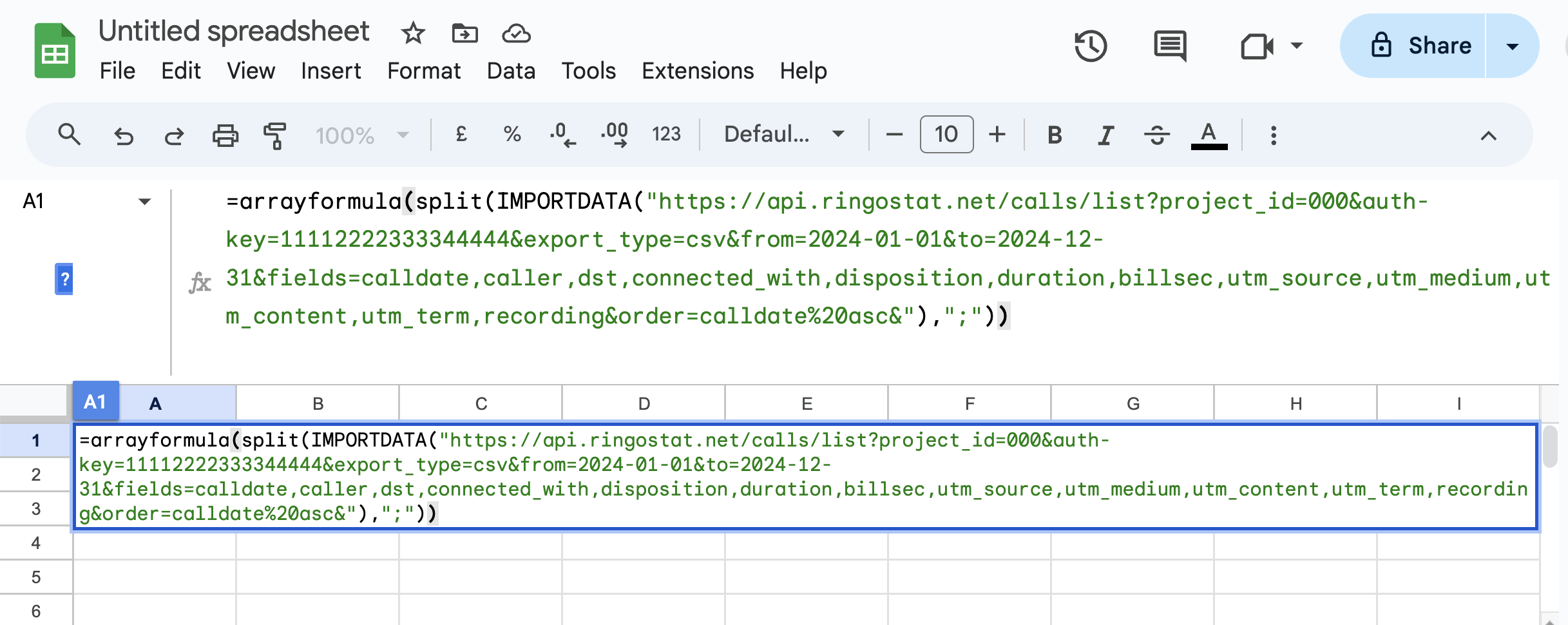 example of a query for uploading call data for a specific period, Google Spreadsheets