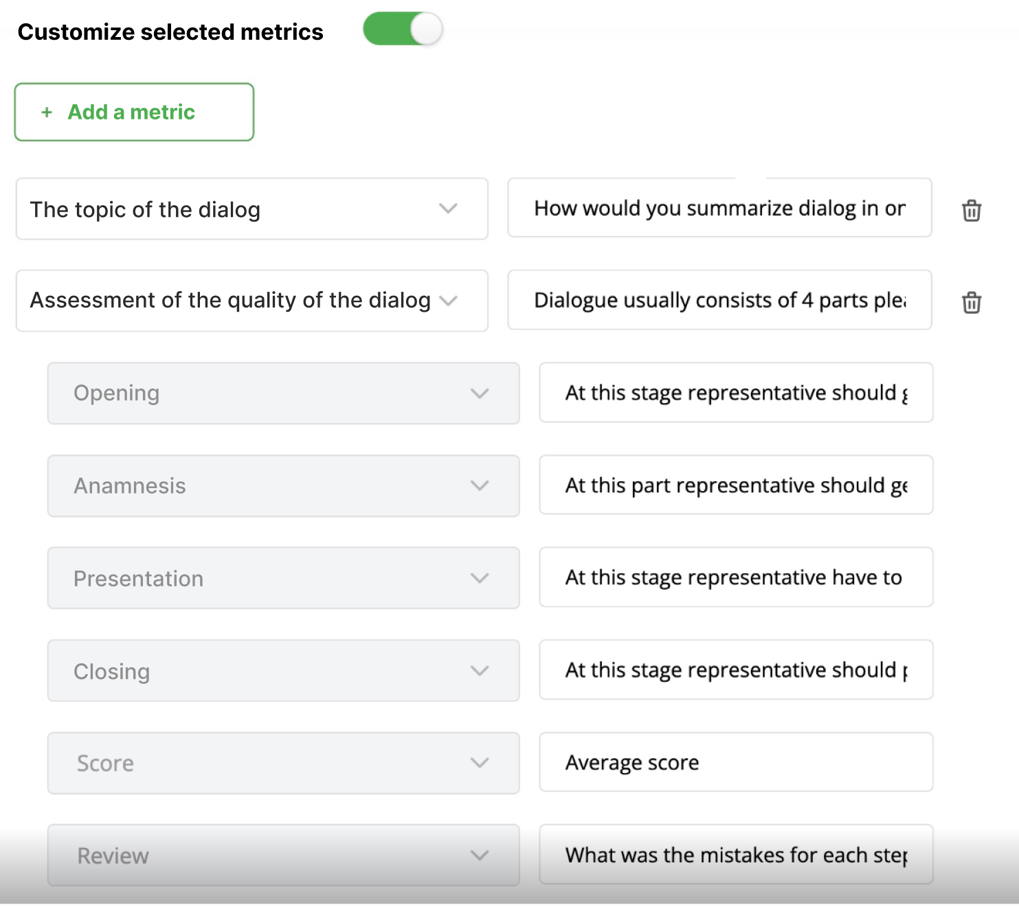 Ringostat AI, Ringostat AI language analytics, customization of selected metrics 