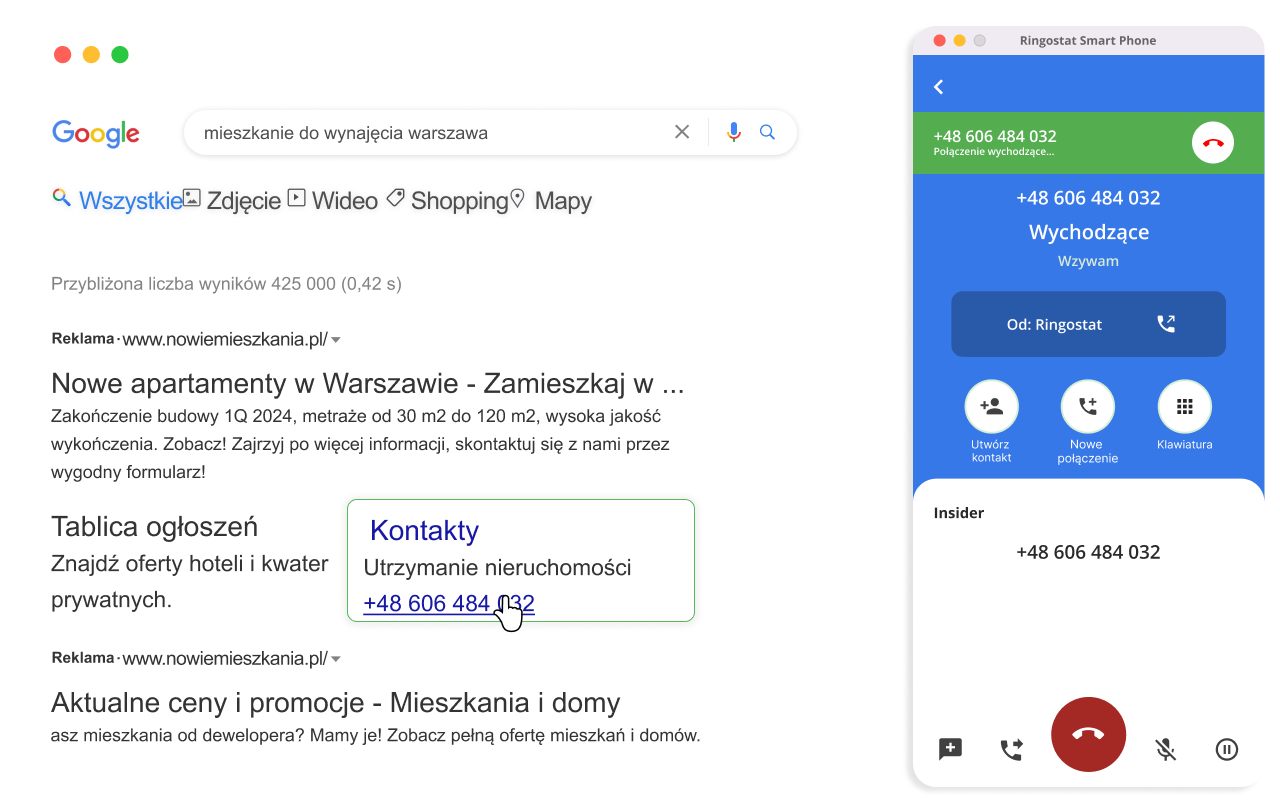 Centrala VoIP, Przykład połączenia jednym kliknięciem, aplikacja do połączeń, Ringostat, komunikacja, koszt, jakość, 