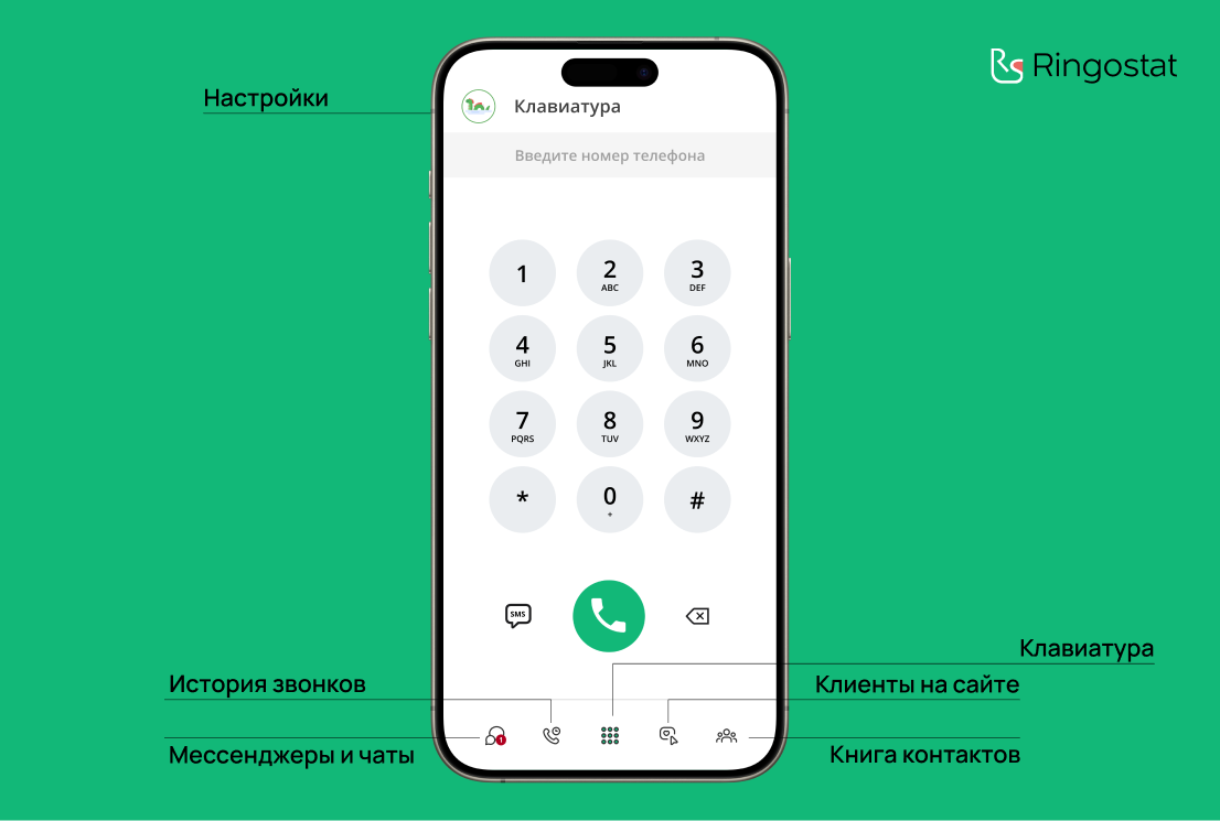 бизнес-телефония, интерфейс Ringostat Smart Phone, кросс-платформенное приложение для звонков, чатов, работы в CRM