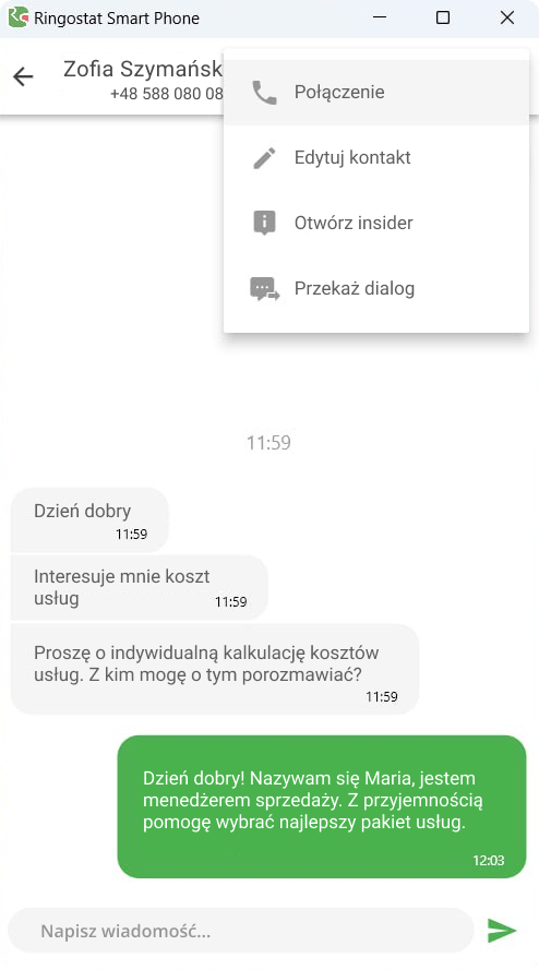 Przykład dialogu z klientem, Ringostat Smart Phone