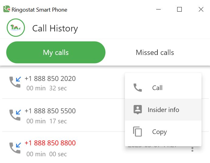 Ringostat Smart Phone, call history features