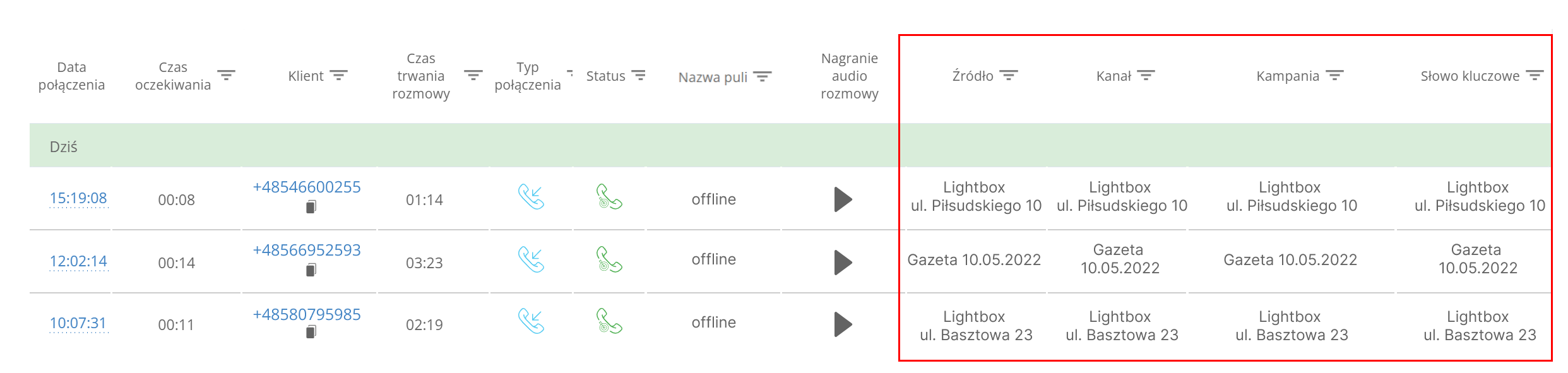 call tracking, statyczne dane śledzenia połączeń, Ringostat