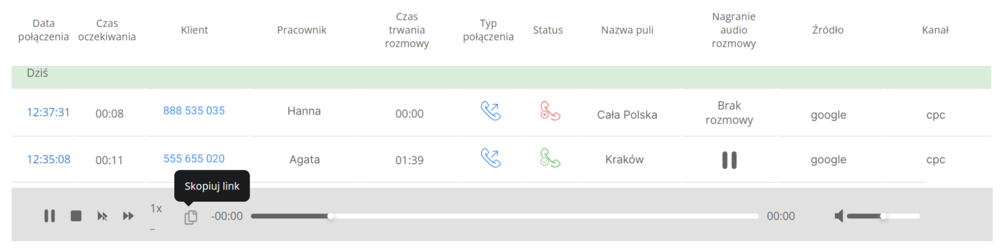 Wirtualna centralka telefoniczna, Przykład odtwarzania nagrania rozmowy w rejestrze połączeń Ringostat