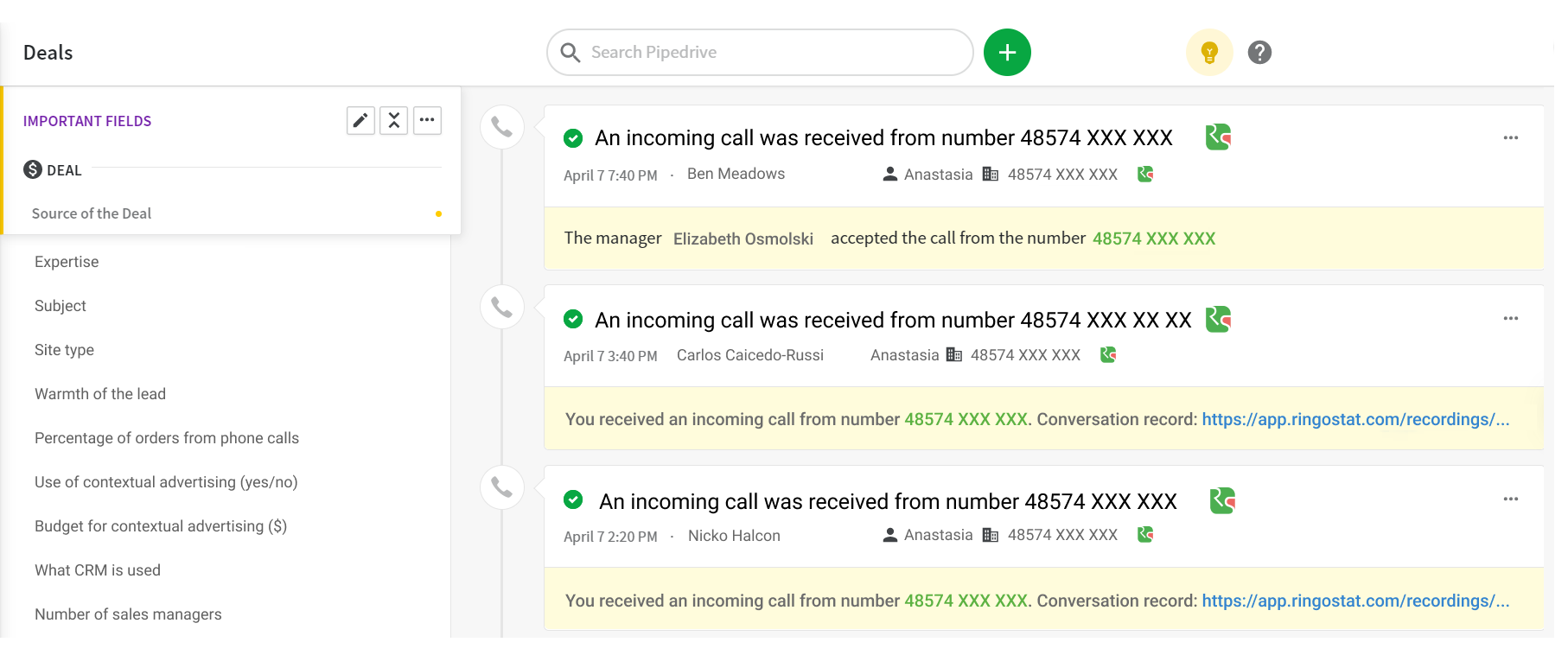 missed calls, transferring call data to CRM, conversation recording, Remote Managers