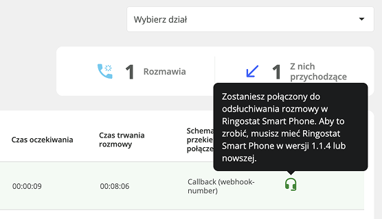 funkcja podłączania do aktywnych połączeń, raport, Ringostat