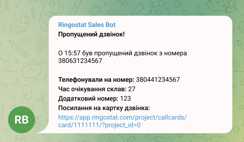 миттєве сповіщення про пропущені виклики в Telegram, Ringostat