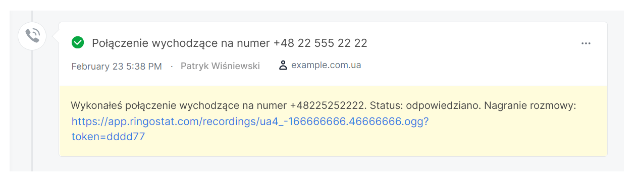 Przykład danych o połączeniu w CRM, nagranie rozmowy