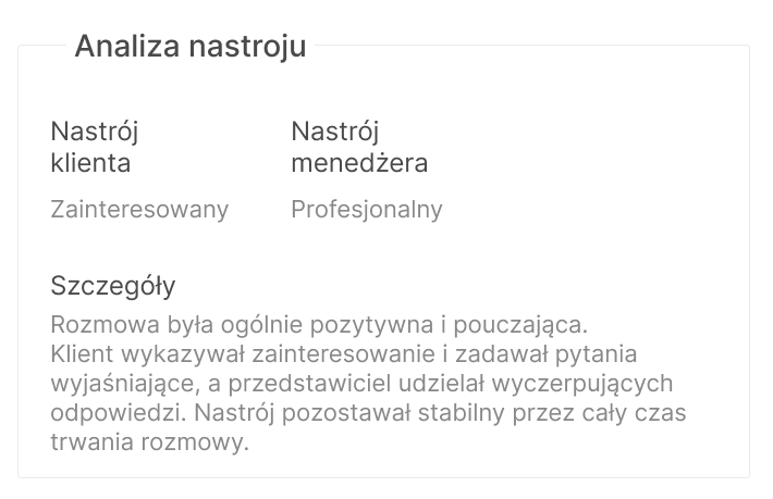 Wykorzystanie sztucznej inteligencji w telefonii biznesowej, Przykład analizy emocji i nastroju za pomocą Ringostat AI