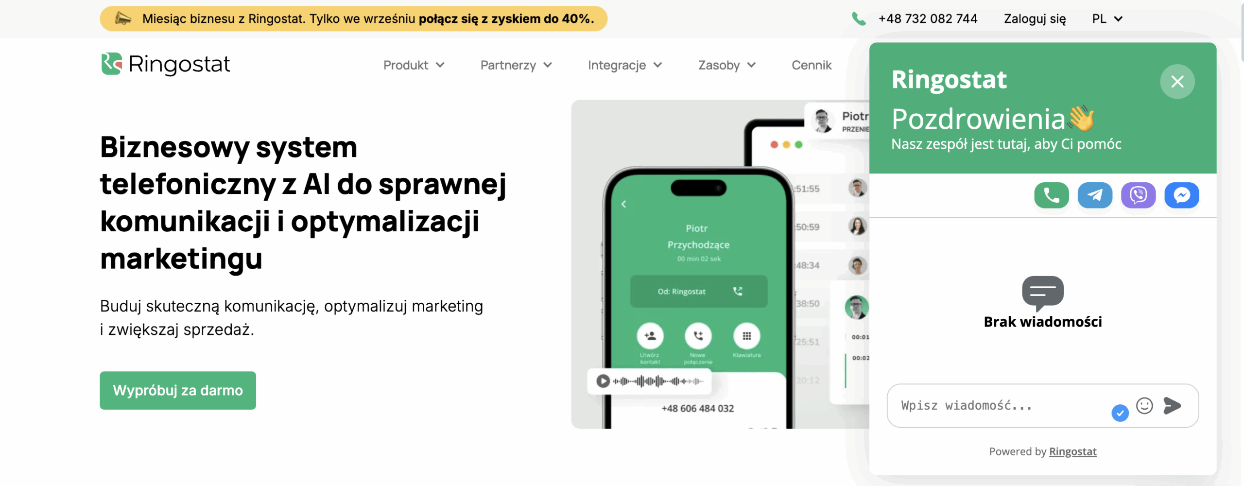 przykład czatu na stronie Ringostat, aktualizacje roku Ringostat, multiwidget Ringostat
