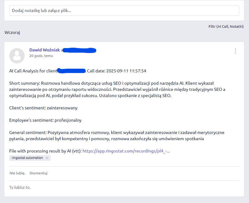automatyczne notatki AI w CRM, Sztuczna inteligencja Ringostat, automatyczna analiza każdego połączenia telefonicznego, integracja Ringostat i Livespace