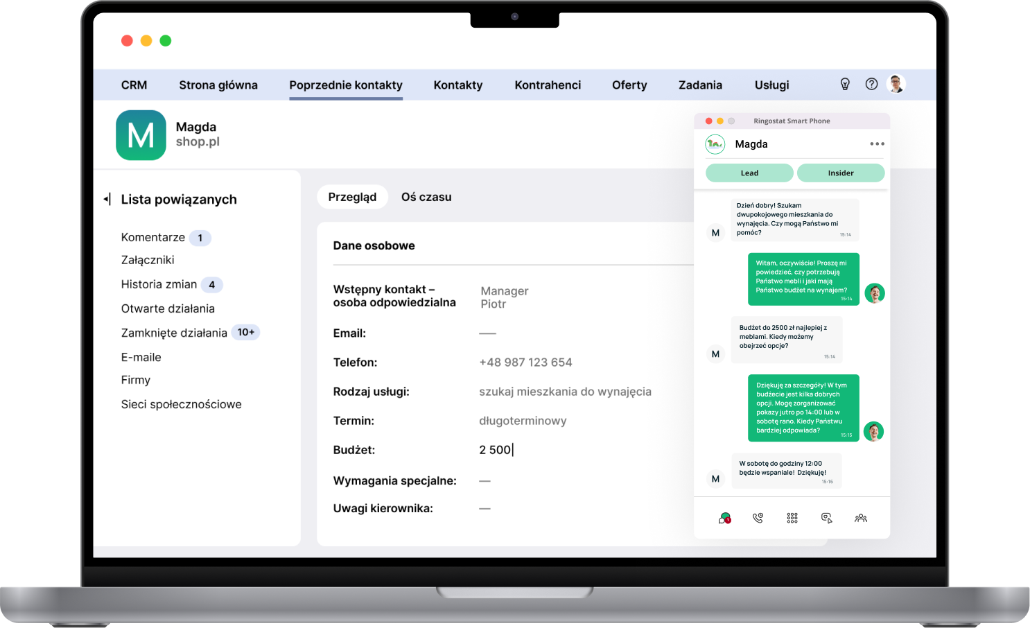Ringostat Chat, przejście do CRM jednym kliknięciem
