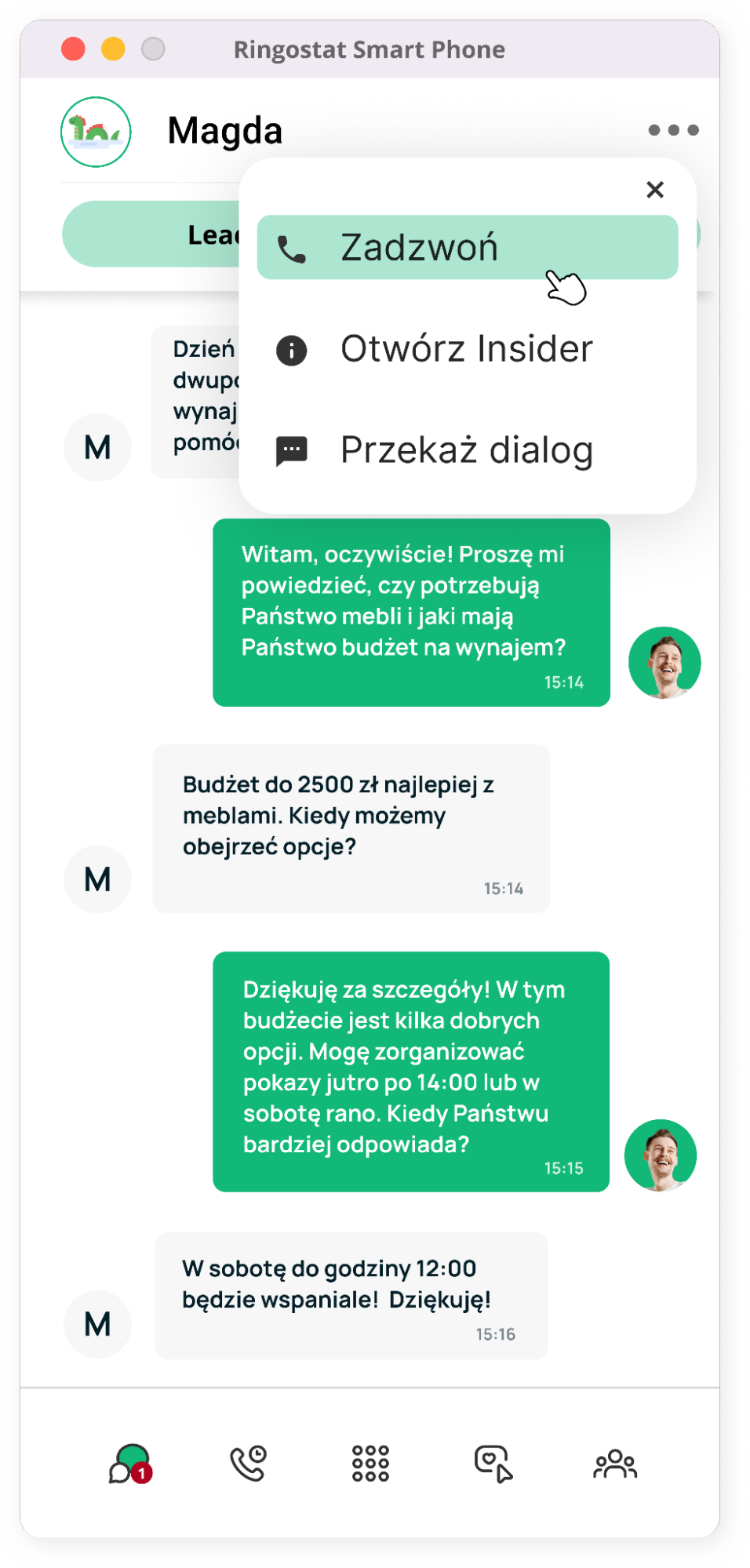 Ringostat multiwidget, Ringostat Chat, połączenie z czatu na strone