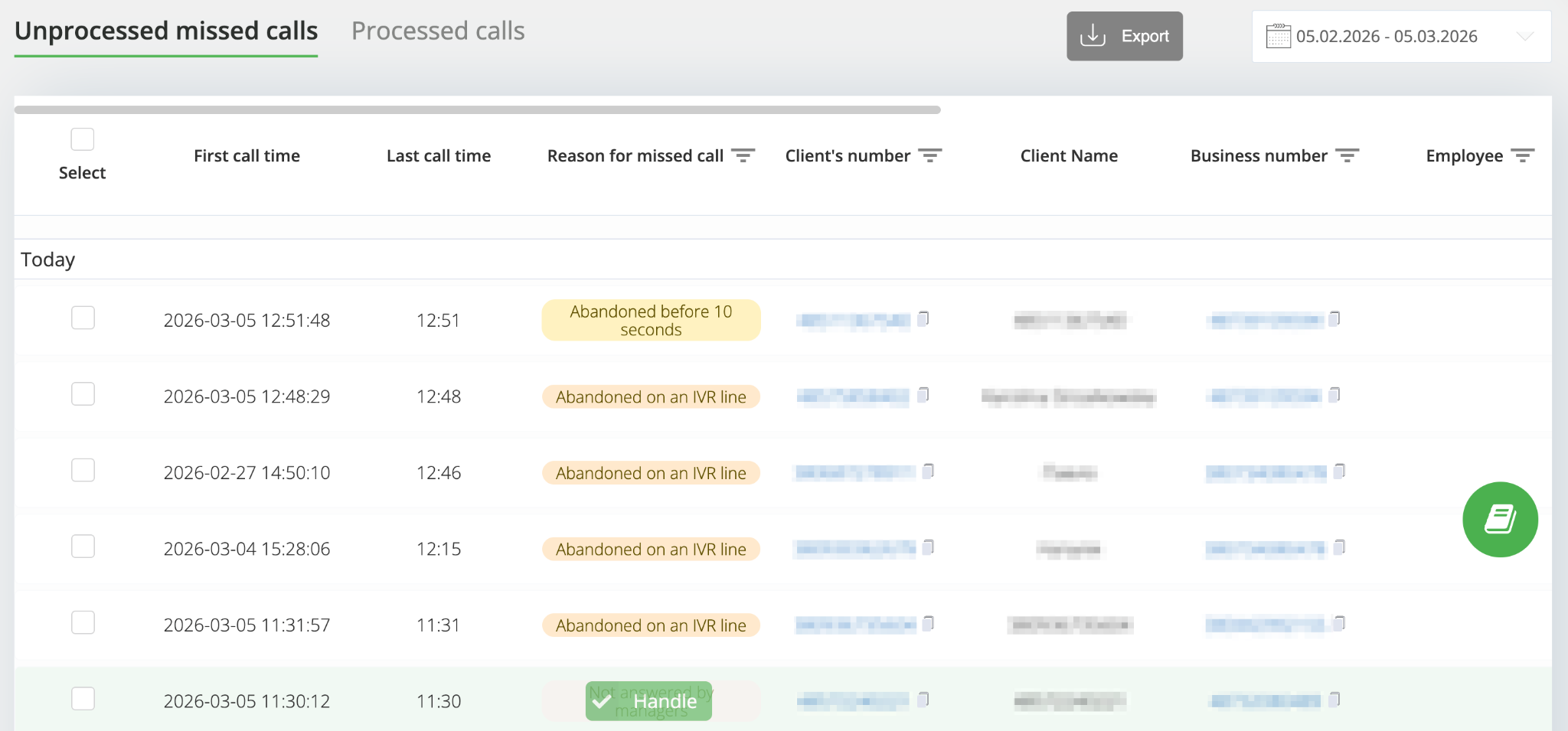 interface of the updated missed calls report by Ringostat, sales team operational discipline, missed call notifications