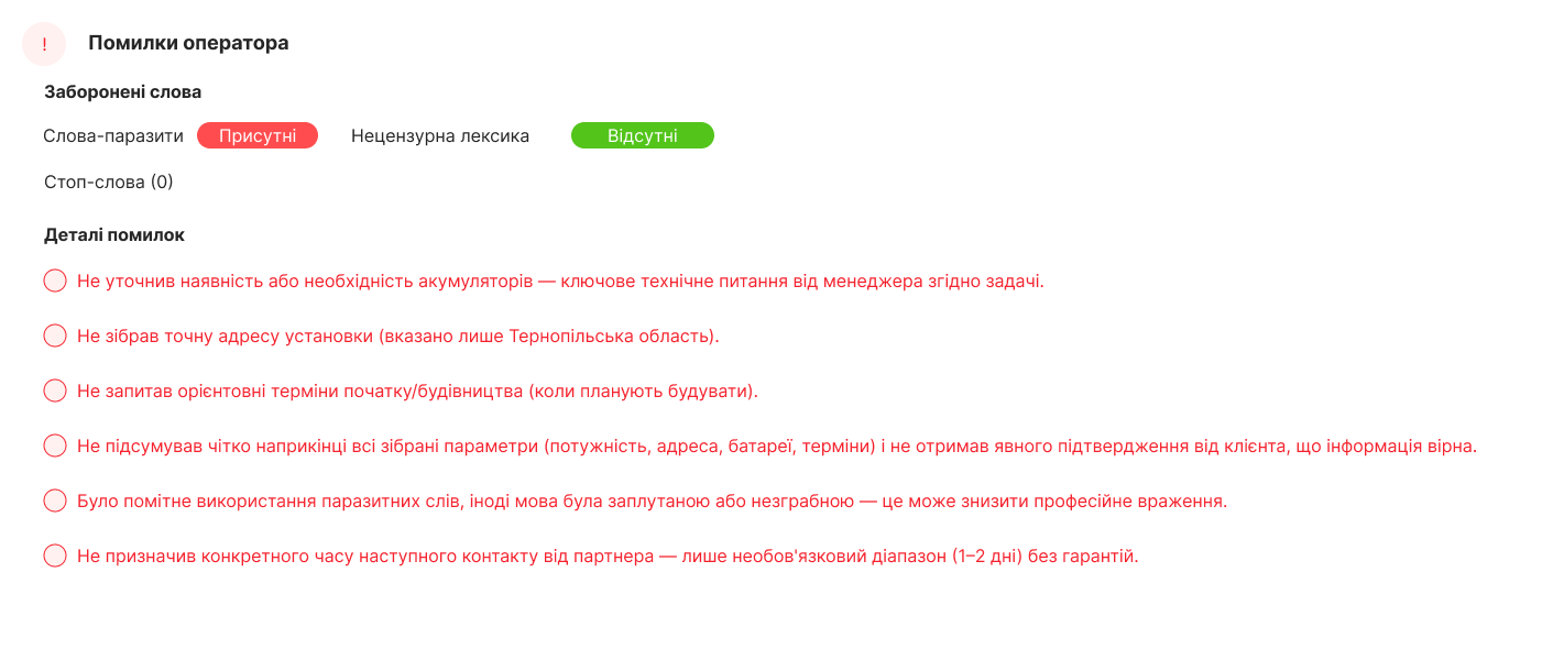 Приклад AI-оцінки невдалого дзвінка, кейс Ringostat