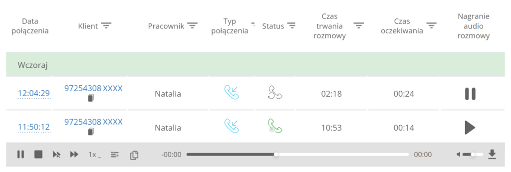 Odsłuchiwanie połączenia w Dzienniku połączeń