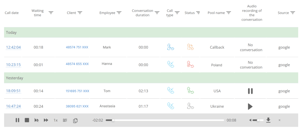 Listening to a call in the Call Log