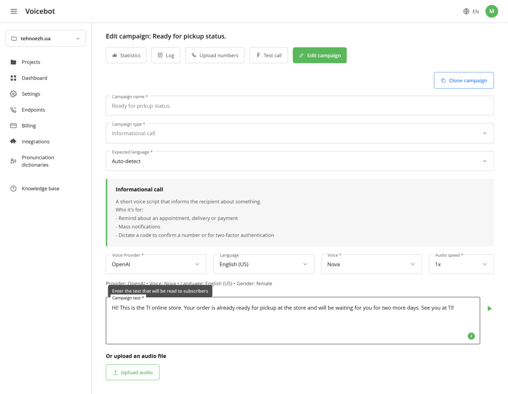 "Ready for pickup" status campaign settings