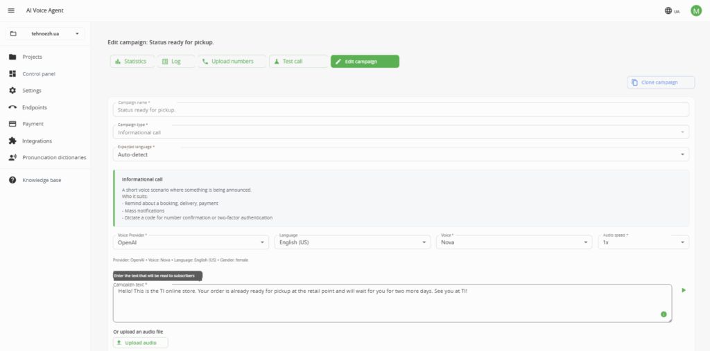 "Ready for pickup" status campaign settings